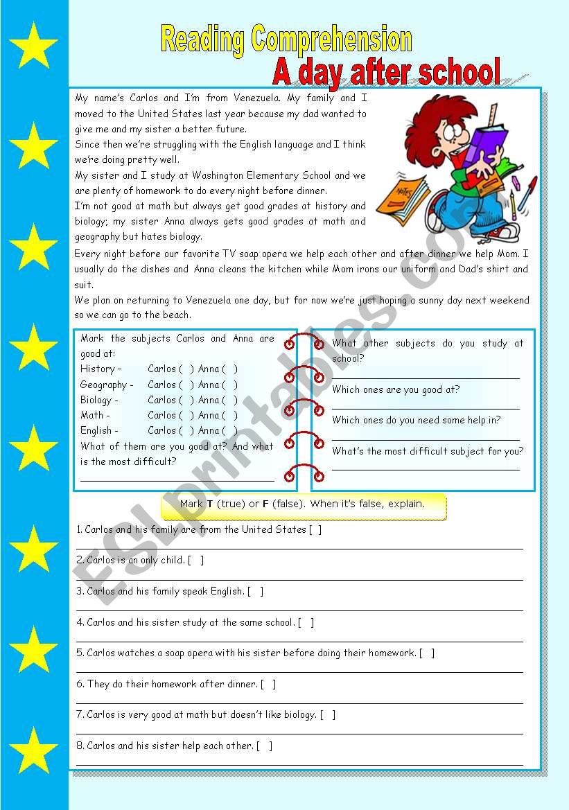 A day after school  reading comprehension + present simple [4 types of exercises] ((2 pages)) ***editable